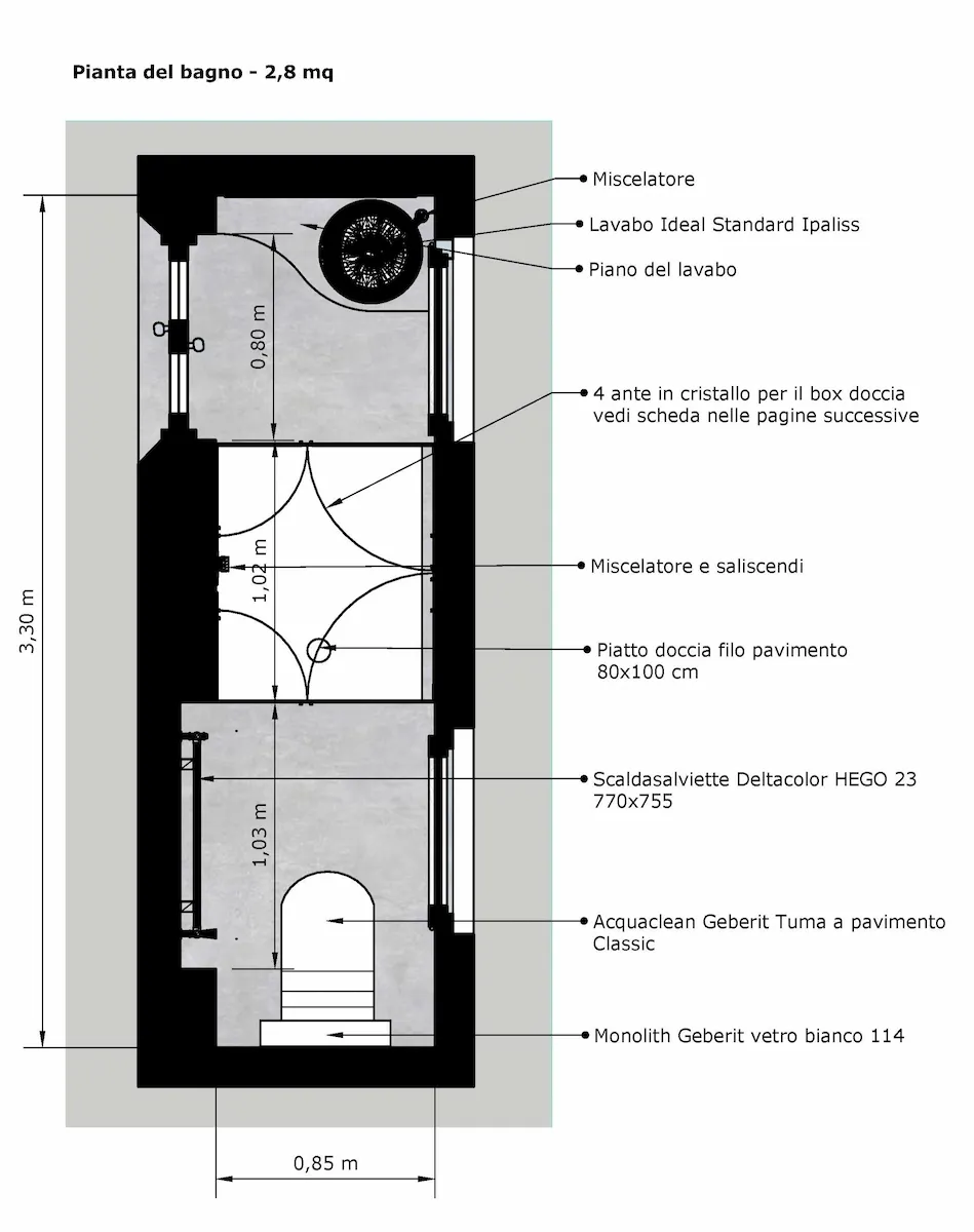 Pianta tecnica dettagliata del bagno che mostra una lunghezza di 3,30 m e larghezza di 0,85 m. Sono indicati il lavabo a un'estremità, la doccia centrale da 80x100 cm e il WC Geberit Tuma con modulo Monolith all'altra estremità.