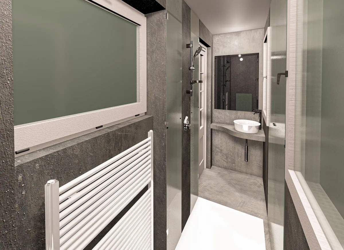 Rendering 3D del bagno ristrutturato con finiture grigio cemento. In primo piano un lavabo bianco a ciotola su un piano grigio curvo, uno specchio rettangolare e, sulla sinistra, uno scaldasalviette bianco sotto una finestra.