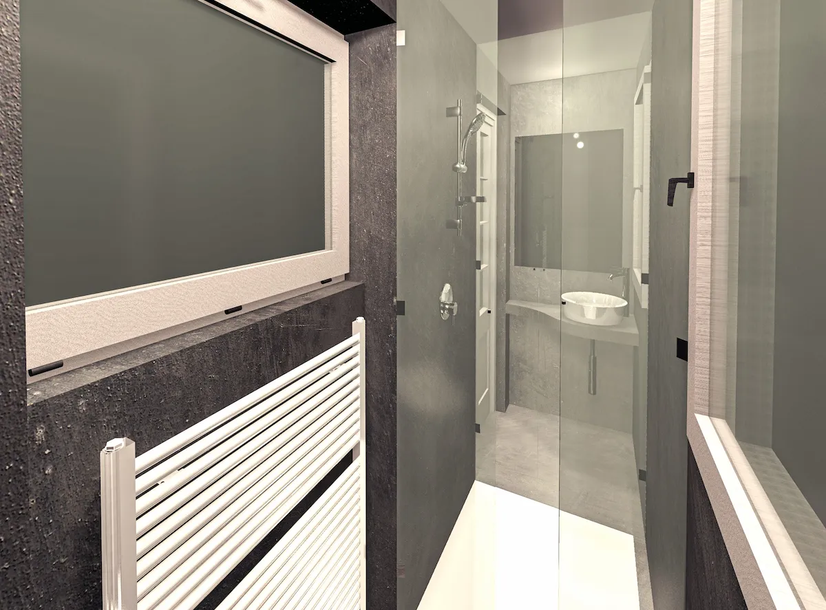 Rendering che mostra il corridoio del bagno con pareti scure materiche. Al centro, un box doccia con ante in vetro trasparente e piatto doccia bianco a filo pavimento separa la zona lavabo dalla zona sanitari.
