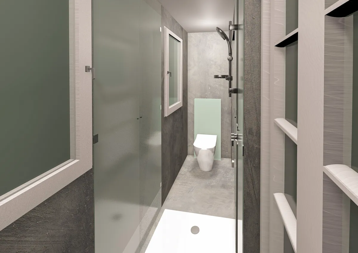 Rendering della parte finale del bagno. Si vede un WC moderno sospeso contro un pannello in vetro verde acqua (Monolith). Sulla destra è visibile la colonna doccia con soffione a stelo nero o scuro.