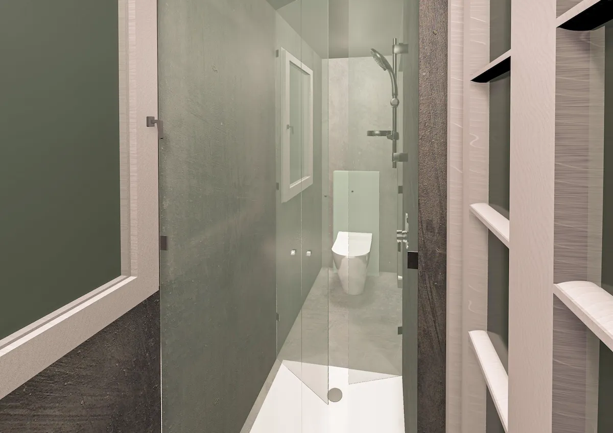 Rendering ravvicinato del box doccia centrale con le ante in vetro parzialmente chiuse. La luce proviene dal fondo della stanza, mettendo in risalto le texture cementizie delle pareti e la pulizia formale del piatto doccia bianco.