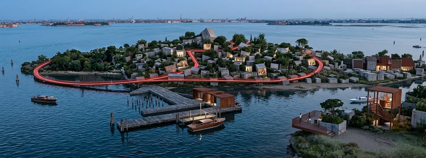 rendering-aereo-parco-tematico-venezia-cubi-cemento-beton-brut-laguna