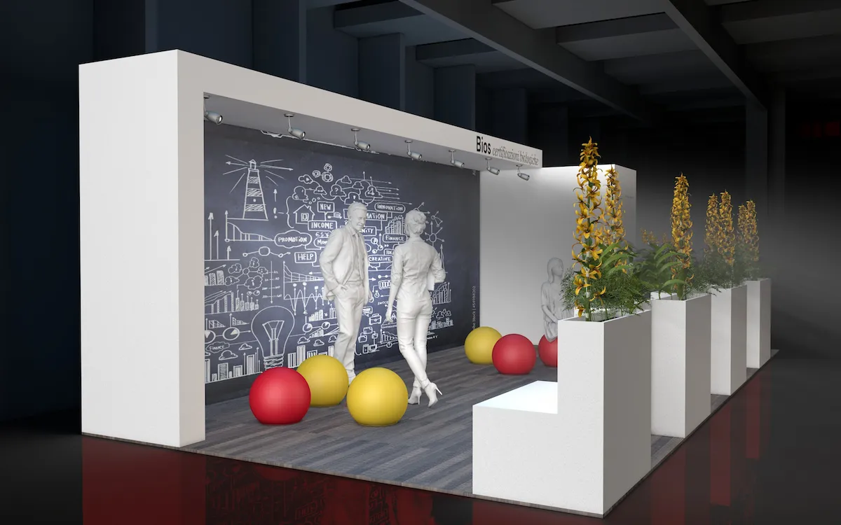 Render 3D di uno stand fieristico con parete lavagna illustrata, sedute circolari colorate e fioriere minimaliste.