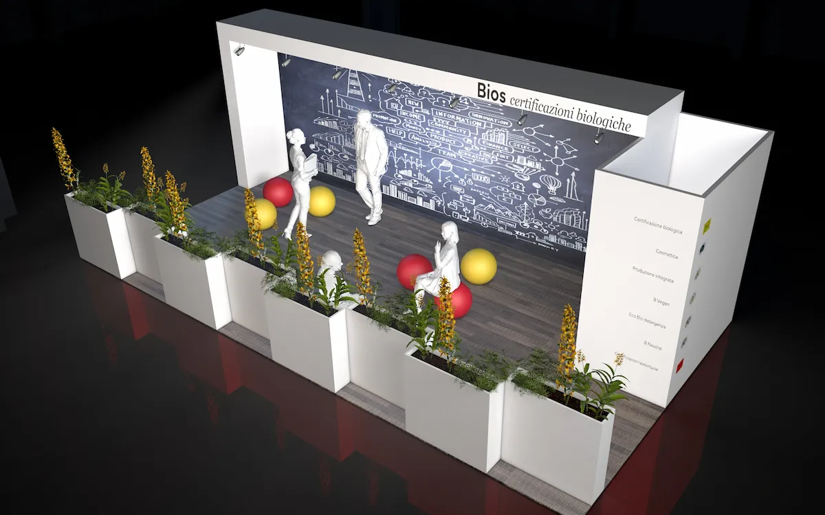 Vista assonometrica del progetto dello stand che mostra l'organizzazione degli spazi e il posizionamento degli elementi.